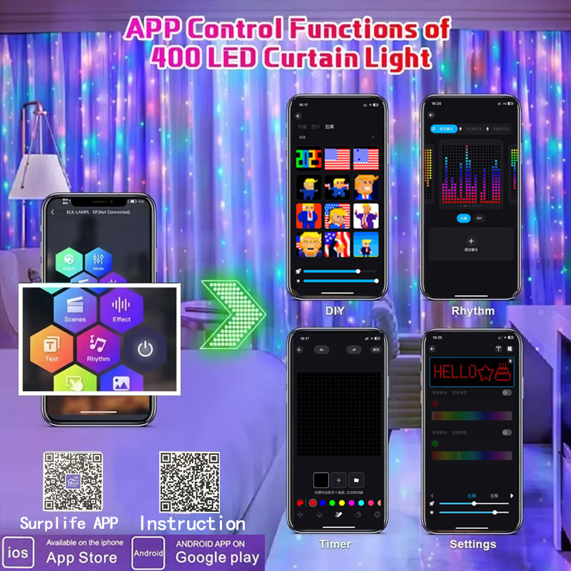 400leds luzes de cortina inteligentes bluetooth app led string rgb luzes de fadas diy mudança música exibição para janela decoração do quarto