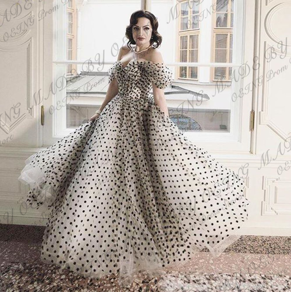OEING Vintage Princess Dot Tulle Prom Dresses Off the Shoulder Tea Length Short Sleeves Formal Evening Party Gowns Customized