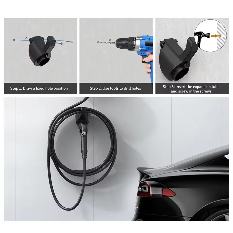 タイプ 2 EV 充電器ホルダー J1772 GBT テスラ、ポータブル壁コネクタ ホルスター、電気自動車ケーブル オーガナイザー、固定ベース、