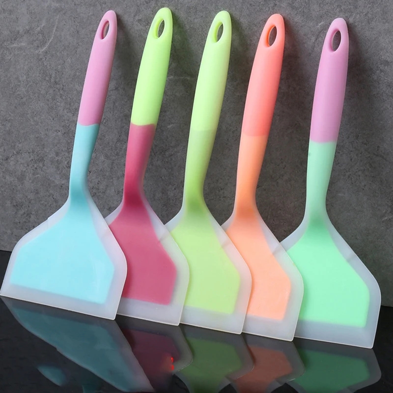 Espátula de silicone para utensílios de cozinha, dupla cor, alça transparente, antiaderente, resistente ao calor, espátula de fritura