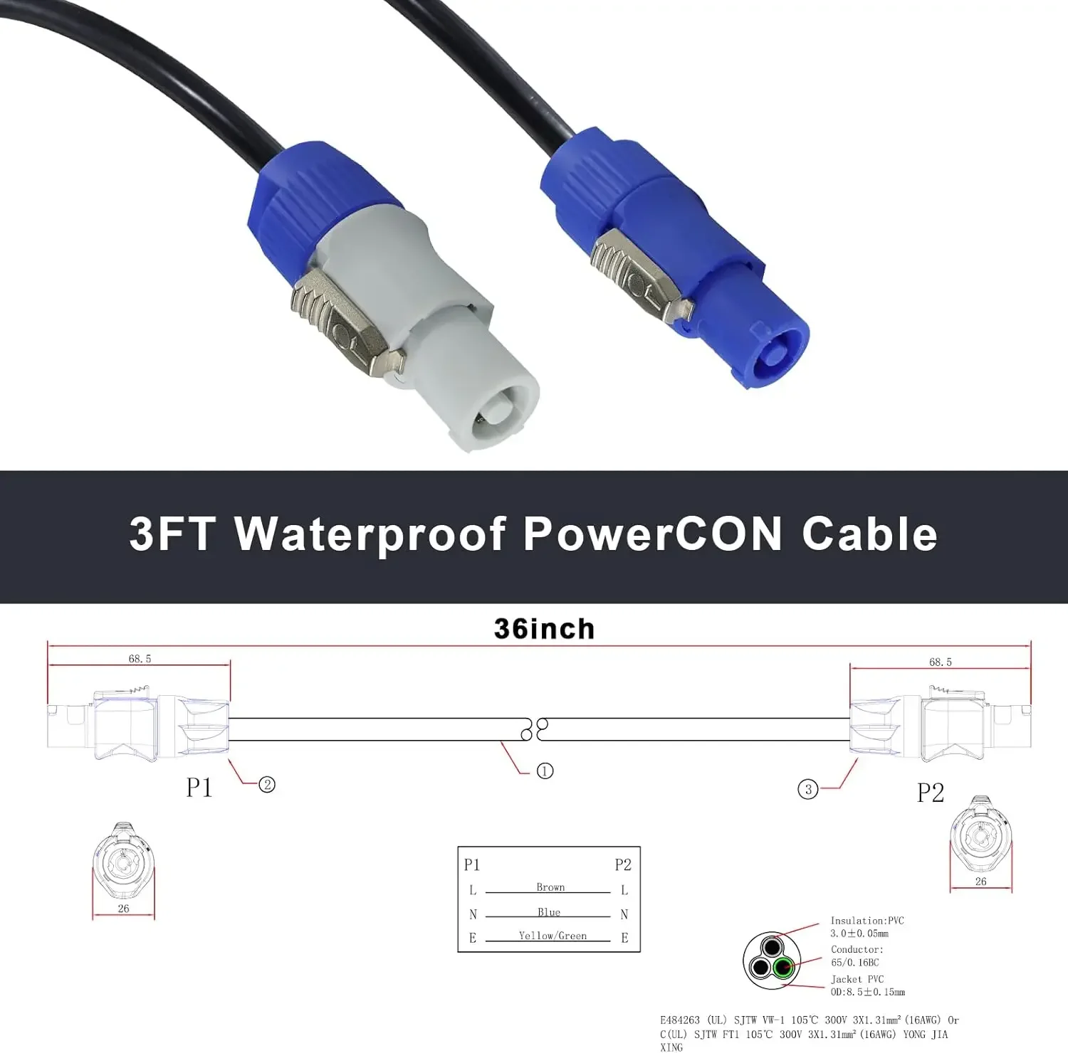 Conector Powercon de 20A, enchufe macho NAC3FCA NAC3FCB, Cable de CA NAC3MPA, adaptador de enchufe de alimentación de 250V para pantalla LED de luz de escenario