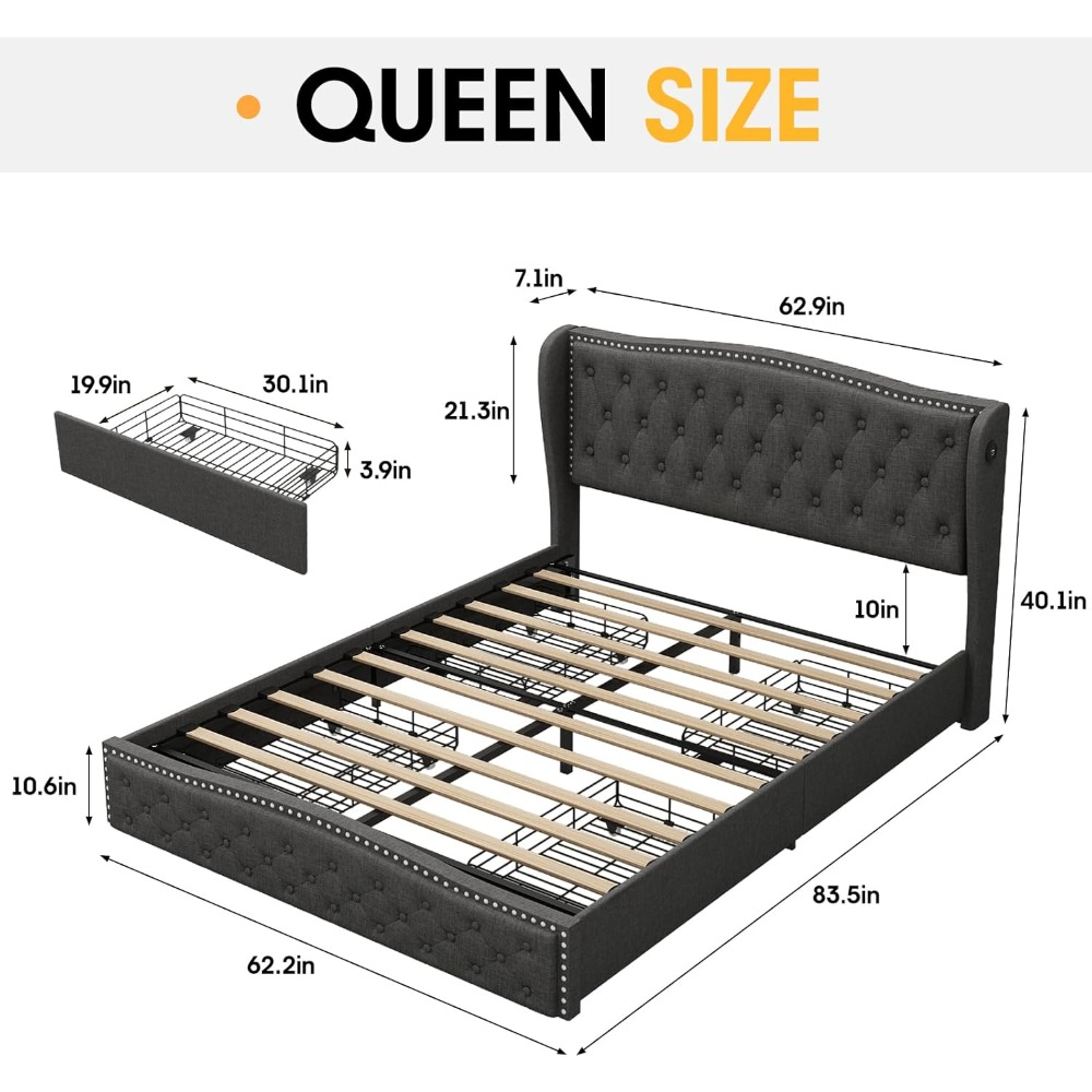 Vabches Queen Size LED Bed Frame with Storage Drawers and Charging Station, Upholstered Platform Bed Frame with Wingback Headboa