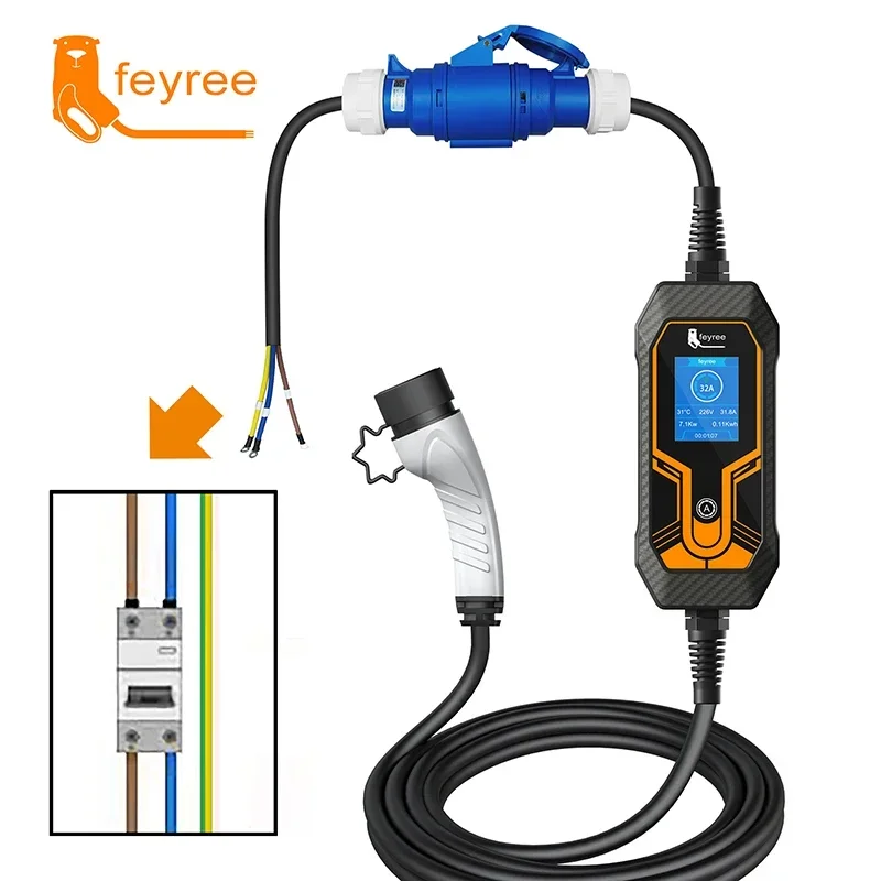 Feyree-cargador EV CEE hembra, adaptador de enchufe Schuko de 3 pines, conexión impermeable, enchufe de montaje en pared, cargador portátil de 32A y 7KW