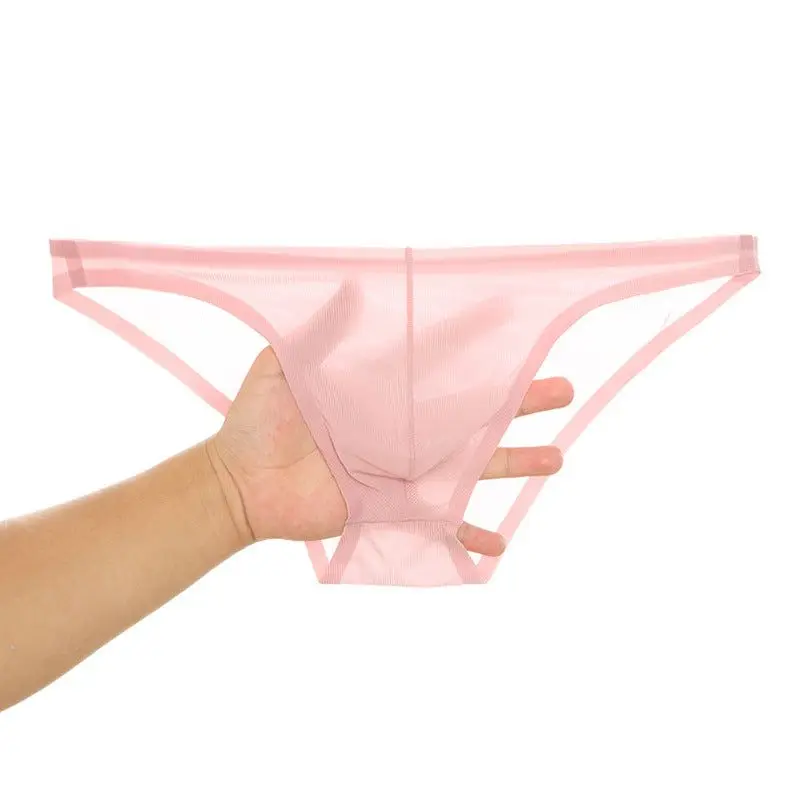 メンズ超薄型透明下着、アイスシルク、シームレスブリーフ、通気性パンティー、ポケットビキニ、セクシーなjockstrap