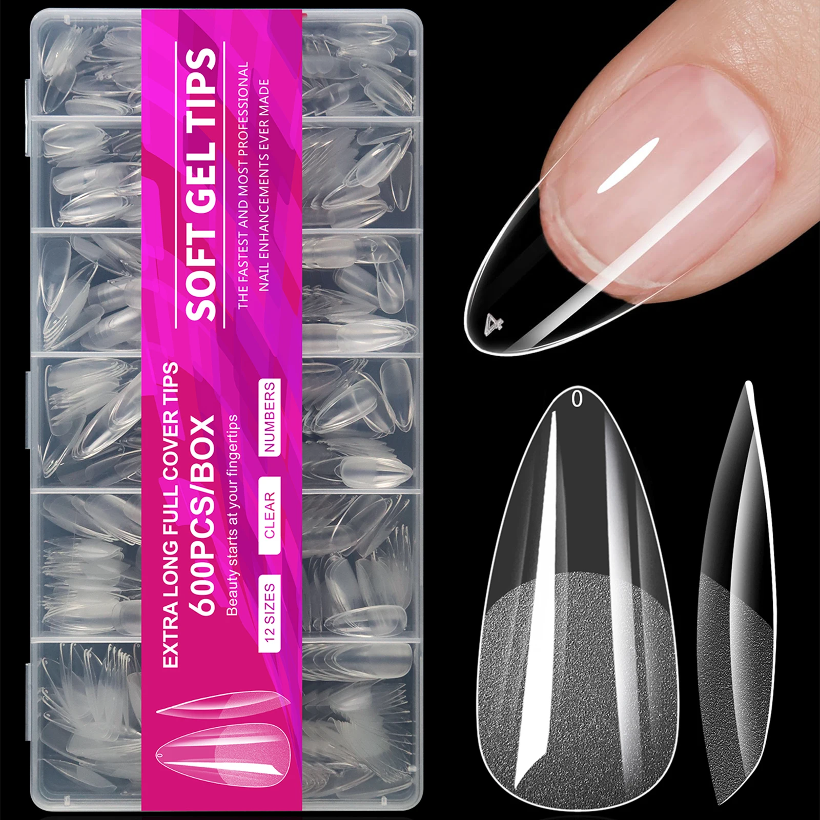 600 Uds puntas cortas de uñas de almendra puntas de uñas de Gel suave cobertura completa puntas de uñas postizas para uñas acrílicas salón de manicura prensa en el hogar en las uñas