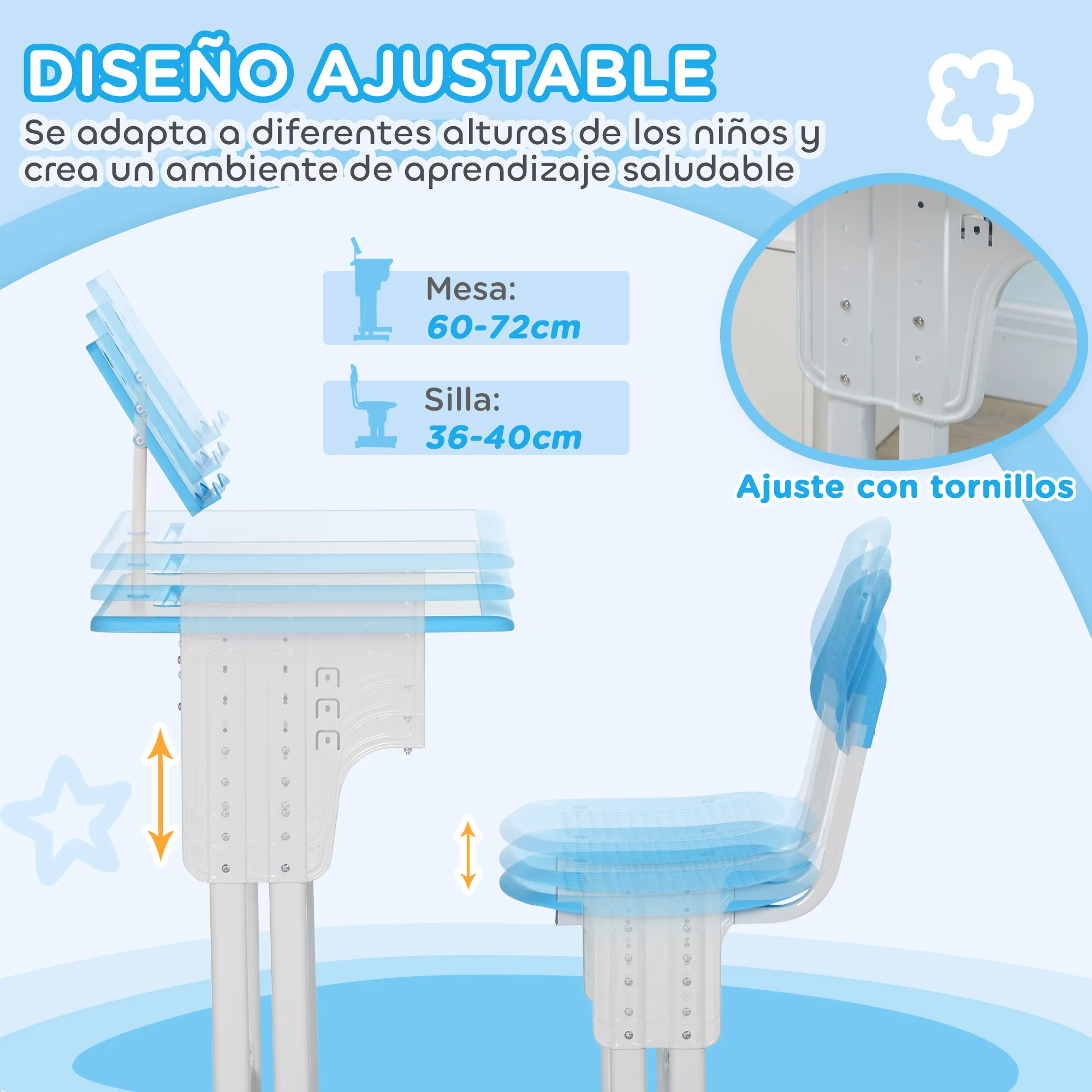 Homcom Regulowane biurko i krzesło dla dzieci 60X45X90-102 cm Niebieski