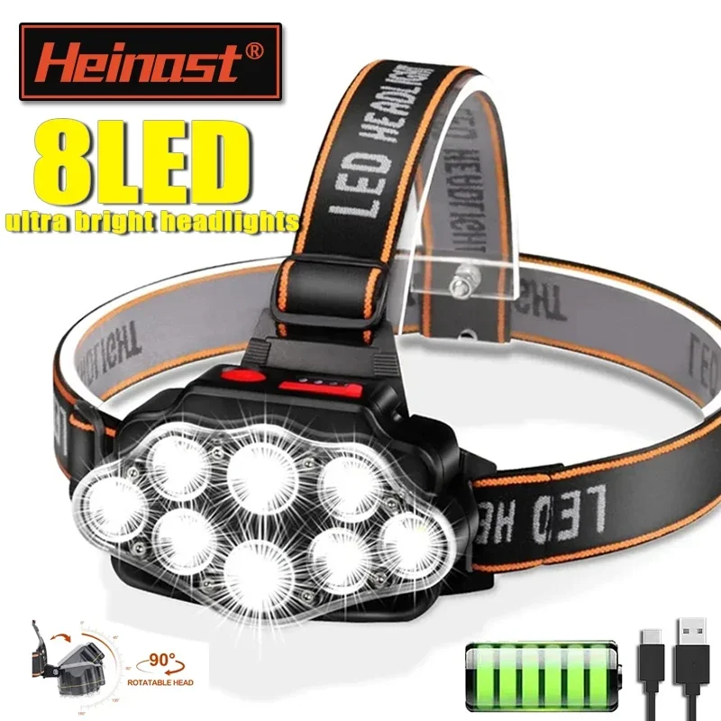 Linterna frontal recargable por USB, lámpara de cabeza brillante de alto Lumen con 8 faros LED, 4 modos IPX4, linterna frontal impermeable
