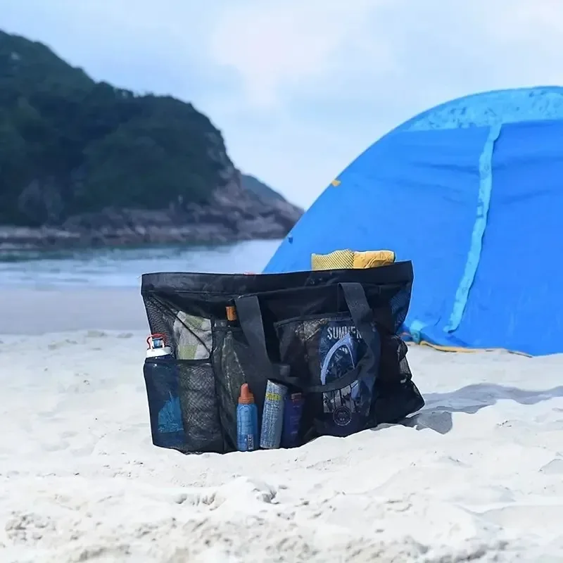 Bolsa de praia extra grande – leve, impermeável, dobrável, com alças de malha, bolsos com zíper e alças fixas