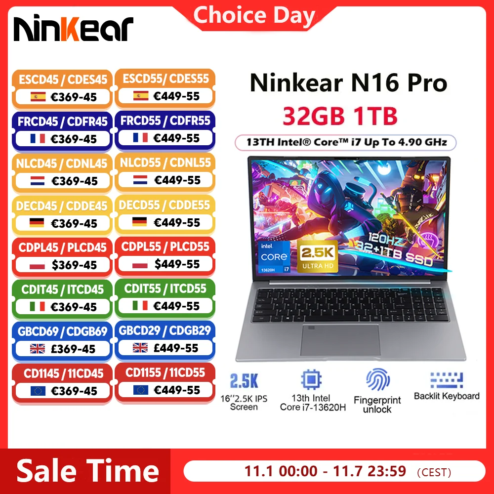 Laptop Ninkear N16 Pro 16'' 2560*1600 Ips Screen, 120Hz Refresh Rate, Intel Core I7-13620H 10 Cores Max 4.9Ghz, 32Gb Ram 1Tb Ssd