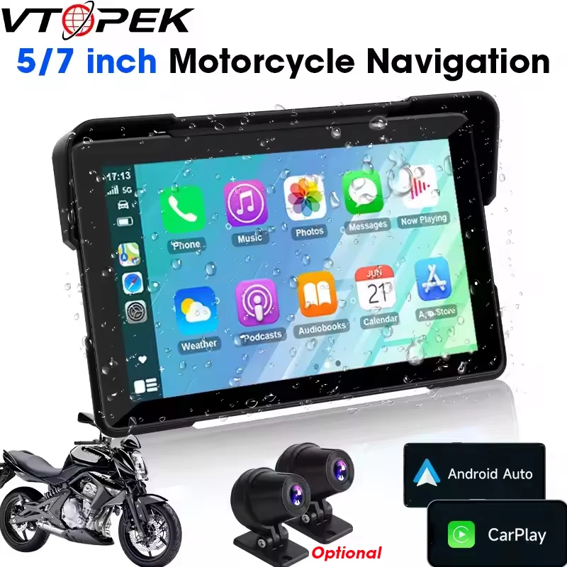 Vtopek 5 "/7" calowy rejestrator motocyklowy nawigacja GPS odtwarzacz multimedialny bezprzewodowy CarPlay Android Auto IPX7 wodoodporny rejestrator ekranu