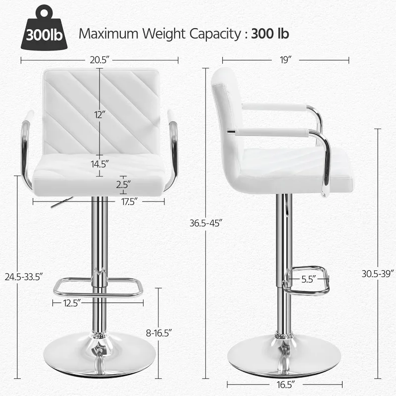 Bar Stools Set of 4, Height Adjustable Swivel Bar Stools, Counter Height Bar Stools for Kitchen Island, White Chairs