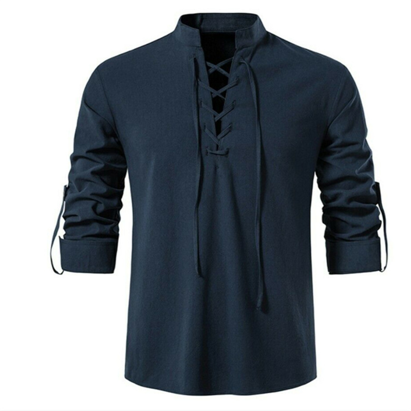 Camiseta con cuello en V para hombre, Top Vintage fino de manga larga a la moda, camisas informales transpirables con cordones delanteros, novedad de 2022