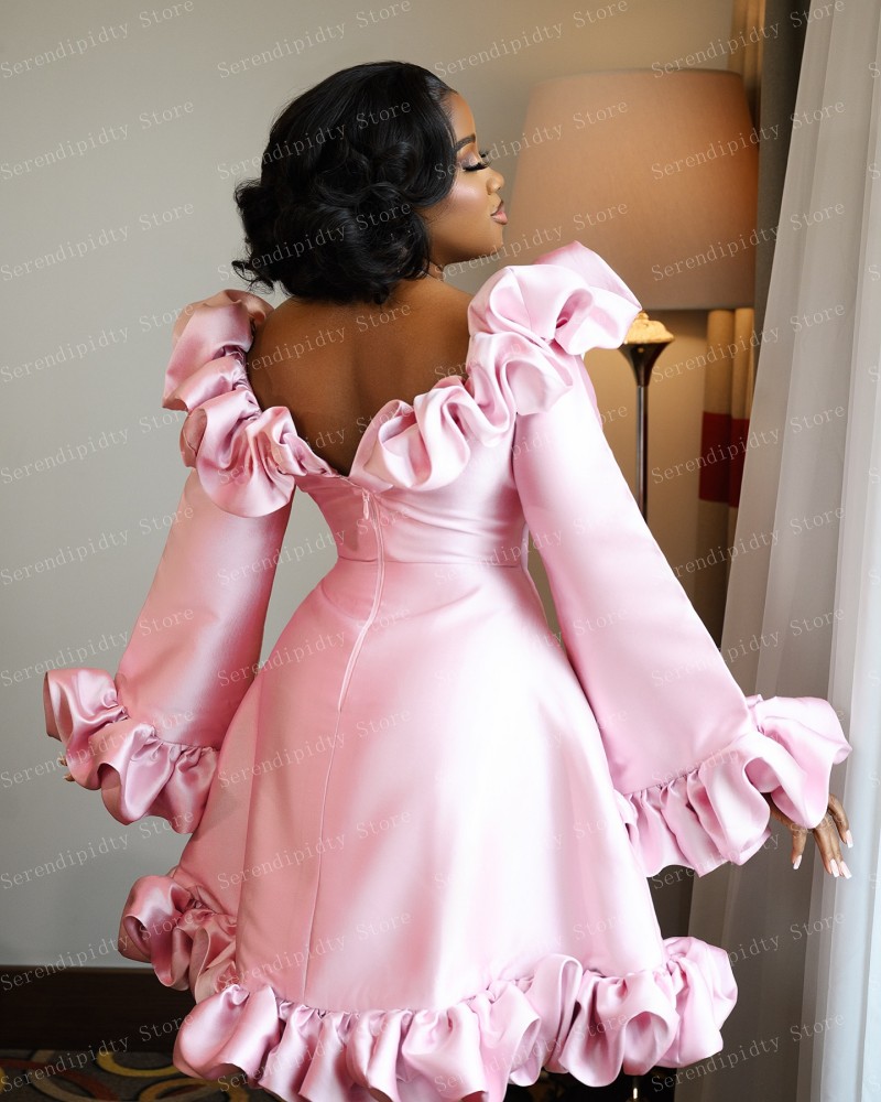 Light Pink Off Shoulder Long Sleeve Mini Length Party Dress Ruffled Open Back A-line Cocktail Dresses With Buttons Custom Made