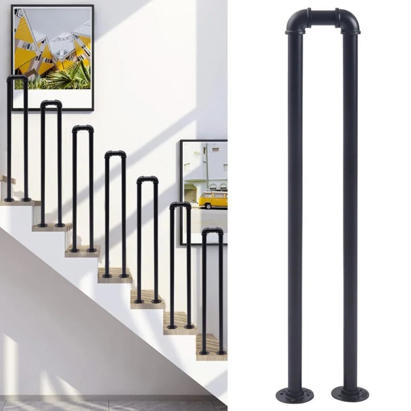 Industrial Stair Railing Black - Matte Metal Handrail with U Brackets, 85cm Adjustable Banister & Retro Loft Design