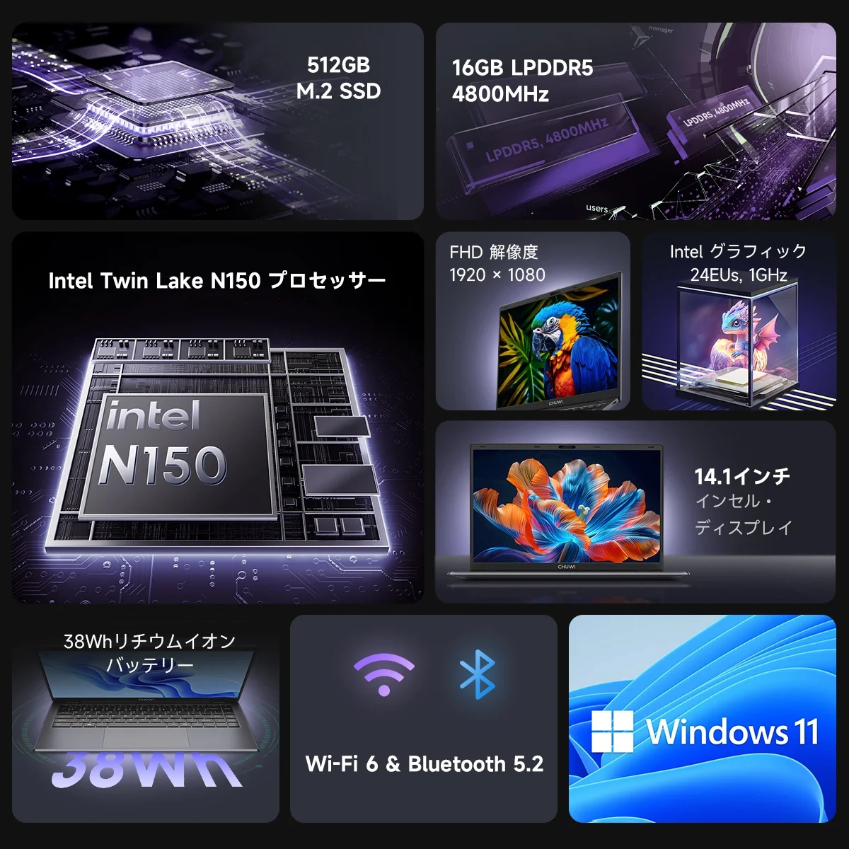 CHUWI GemiBook XPro ノートパソコン 14.1インチ UHDスクリーン LPDDR5 16GB RAM 512GB SSD 第12世代 Intel N150 プロセッサー Windows 11 WIFI6 BT5.2 ノートPC