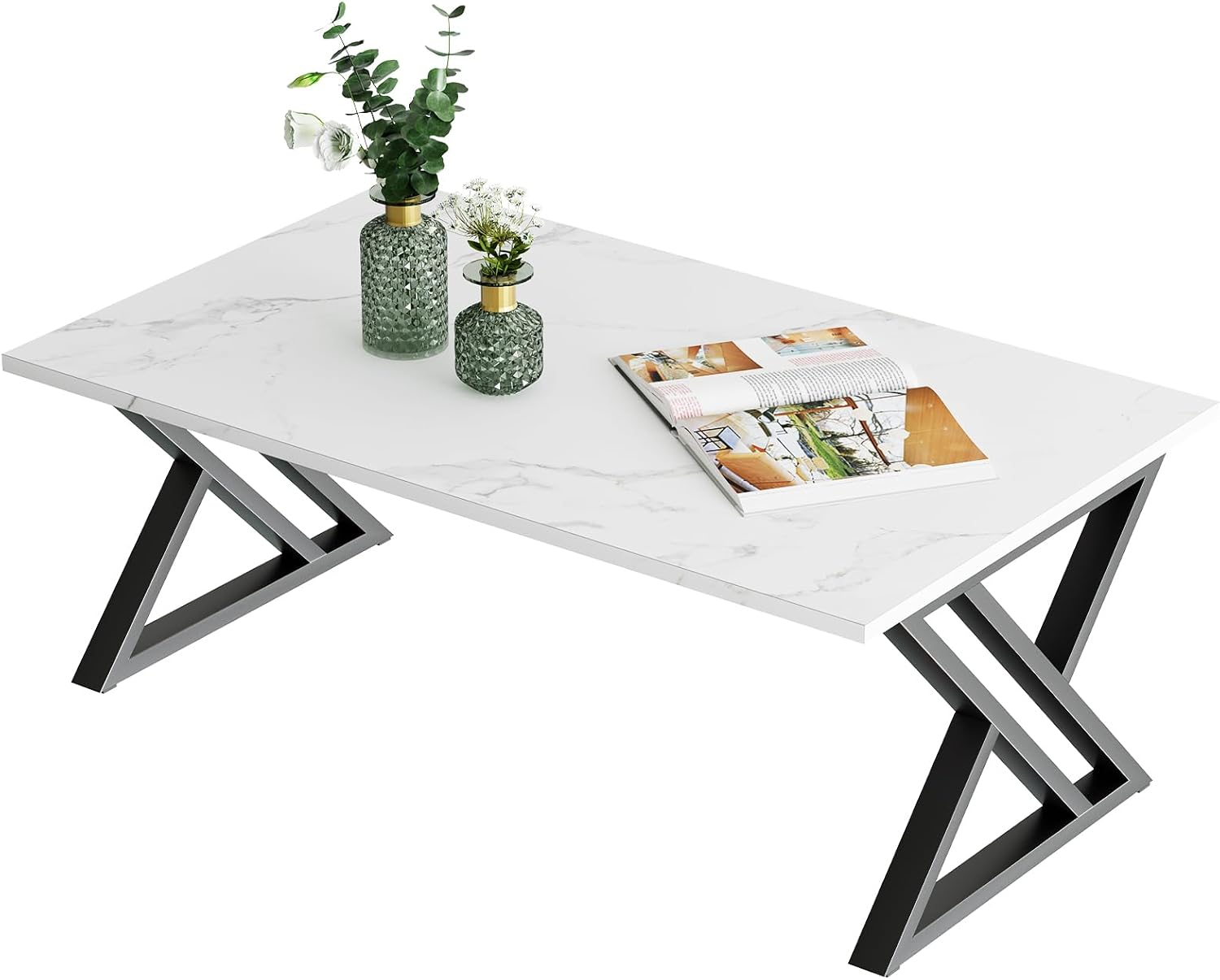 Living Room Table, Center Tea Table, Rectangular Tea Table, End Side Table with Black Metal Frame for Living Room Bedroom Office