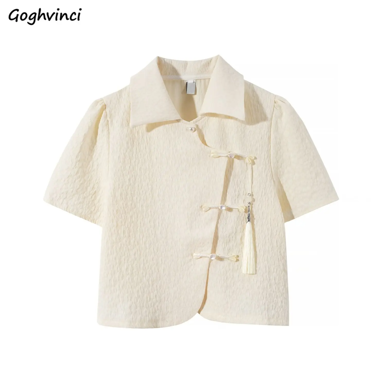 Koszule w stylu chińskim damskie klamry morelowy krótki rękaw skręcić w dół kołnierz Vintage eleganckie damskie Streetwear stylowy szykowny krótki top
