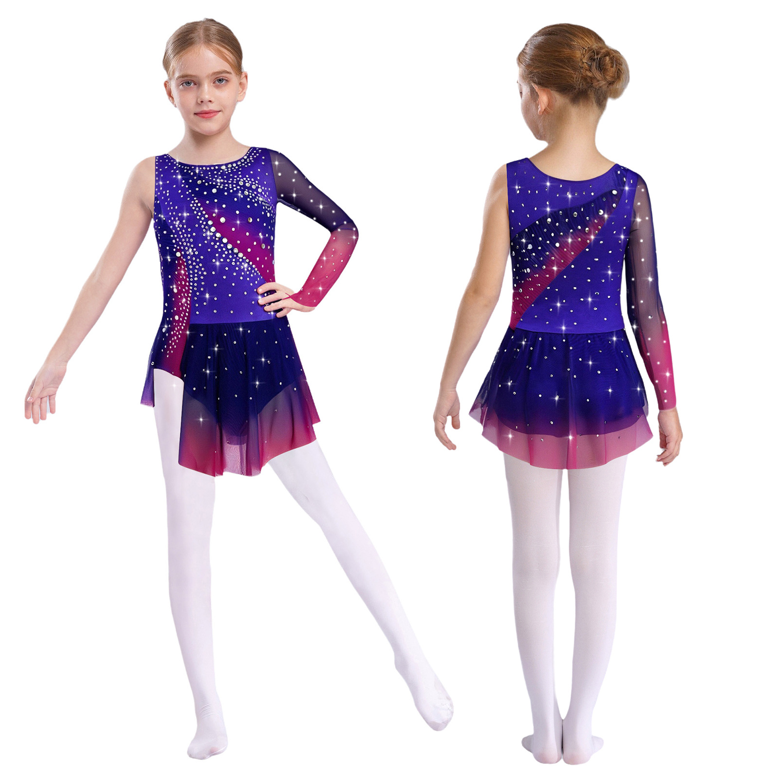 Crianças meninas patinação artística ginástica rítmica collant vestido assimétrico split brilhante strass contraste cor vestido bailarina