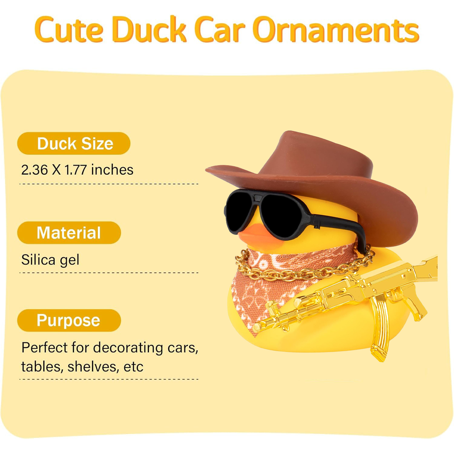 Cowboy Duck with Guns Car Dashboard Decorations Rubber Duck Car Ornaments with Cool Accessories Mini Swim Ring Sun Hat Sunglasse