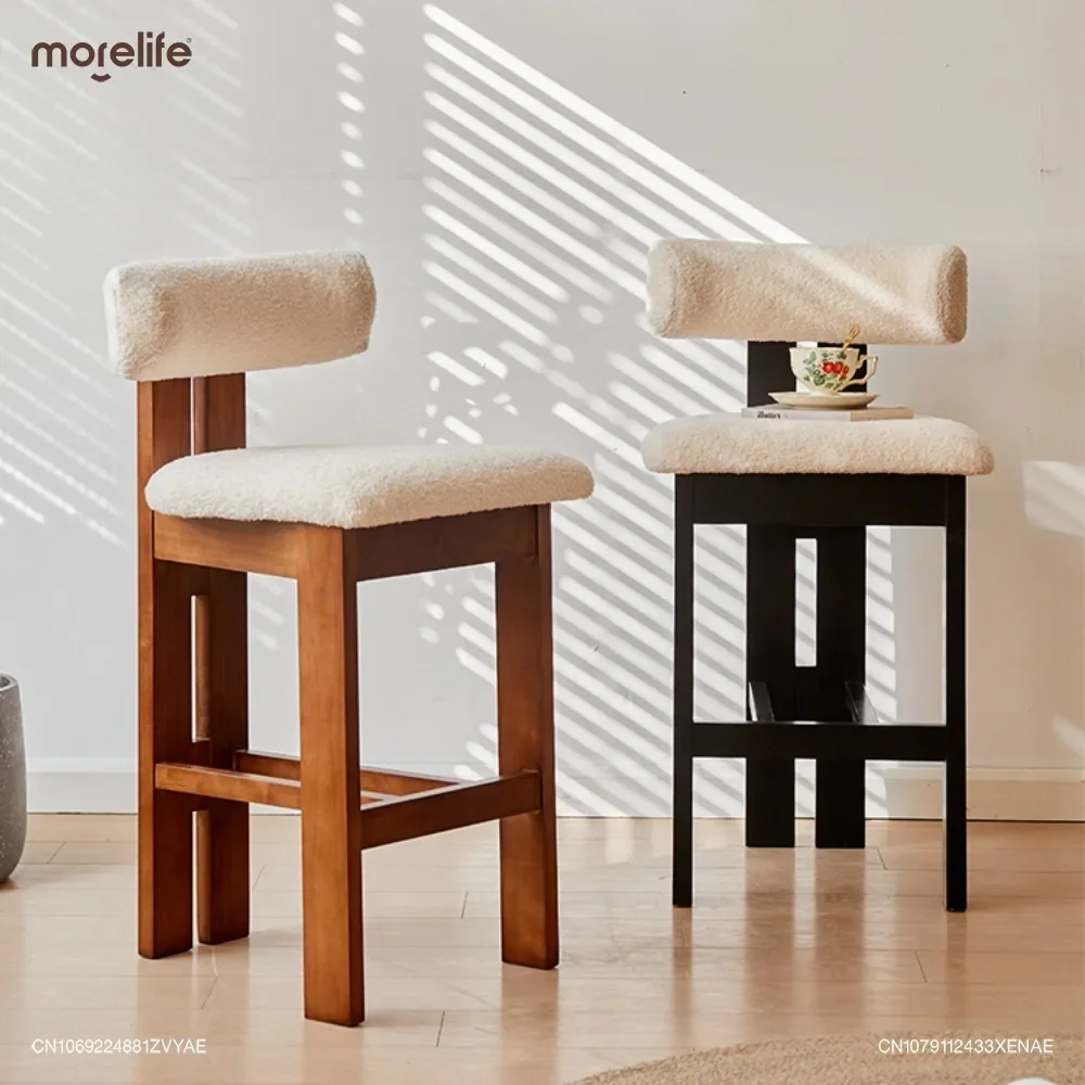 Nordic Retro Medieval Bar Chairs Home Usage Style Lamb Plush Soft Bag Backrest High Legged Stools Leisure Solid Wood Bar Chair