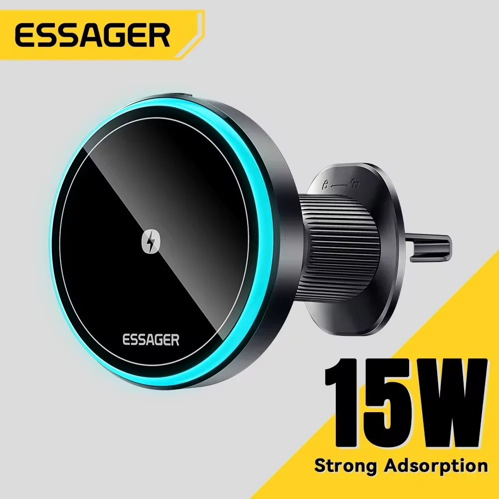 Soporte magnético para teléfono de coche Essager, soporte de cargador inalámbrico de 15W para iPhone 15 14 13 Pro Max, cargador de montaje para coche para luz LED Magsafe