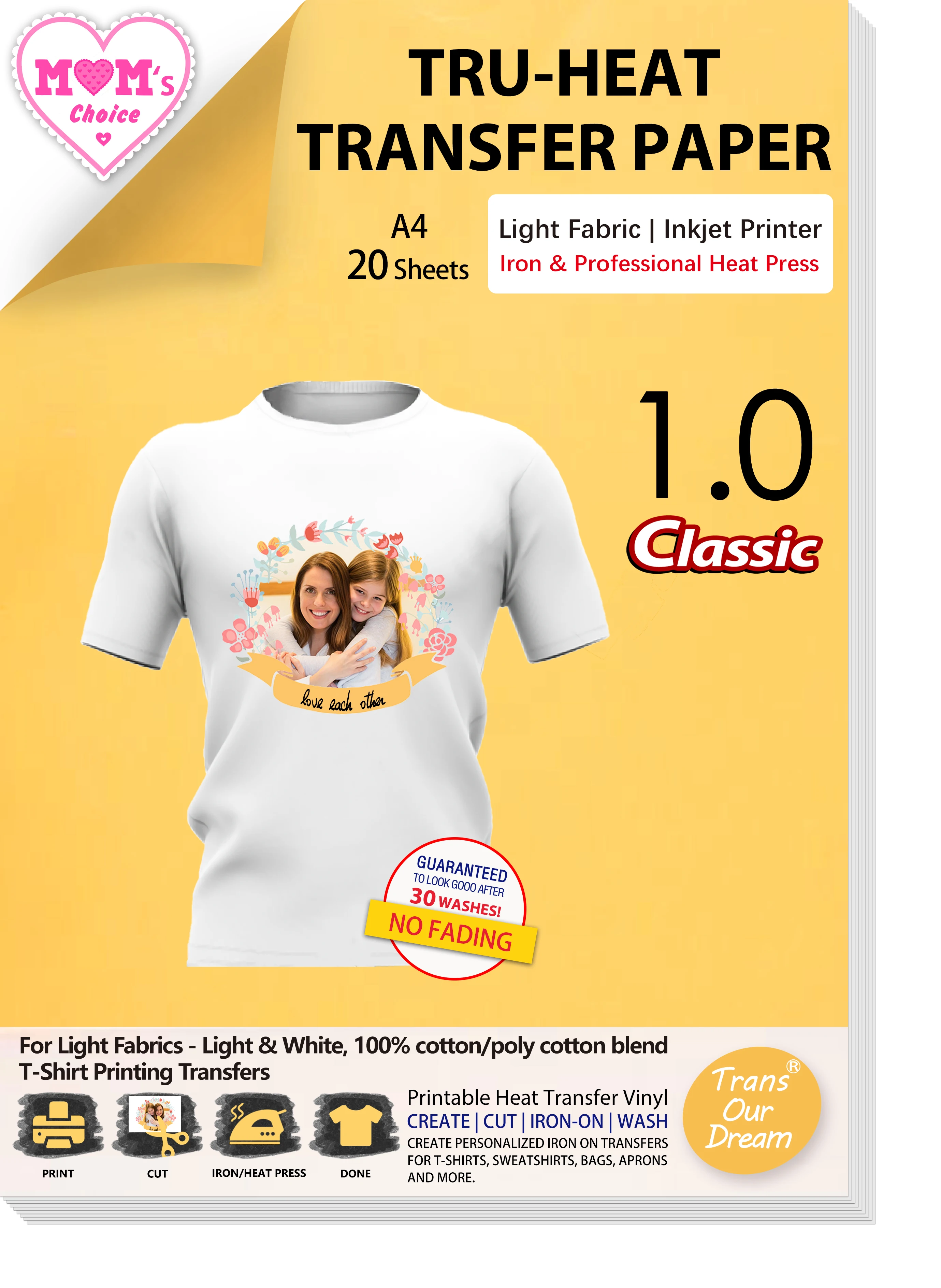 TransOurDream A4* 20 Blatt Transferpapier zum Aufbügeln, Vinyl für helle und weiße Stoffe, T-Shirts, Tintenstrahldrucker
