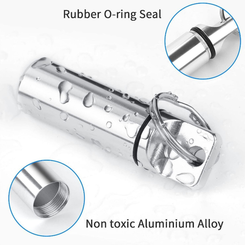 Aluminum Waterproof Pill Box Cases with Sealed Storage, Flat Head, Round Alloy Cartridge and Keychain for Vitamin Fish Oils