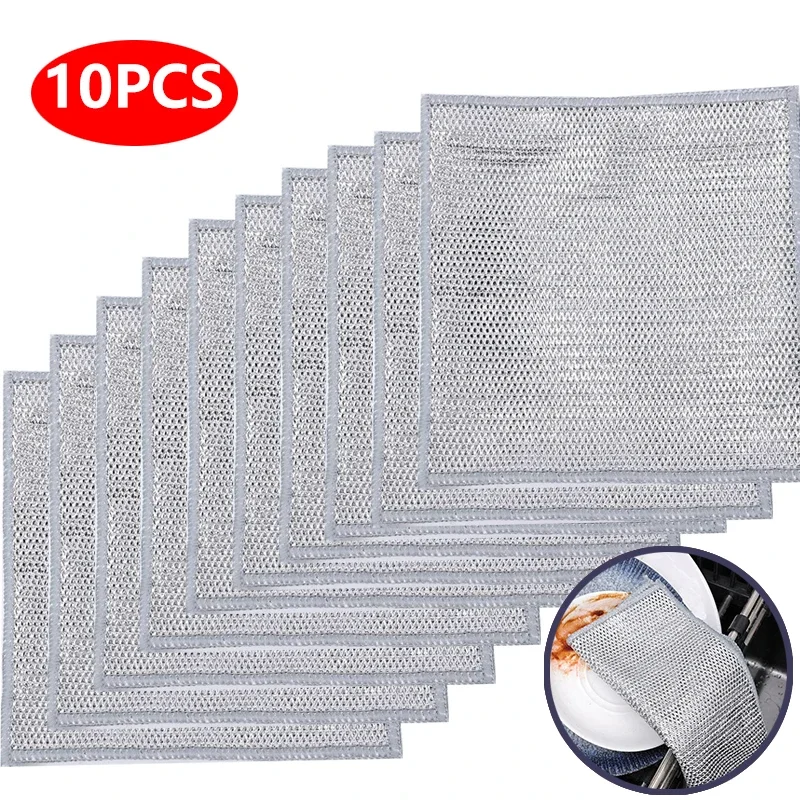 Paños de limpieza de malla de alambre de Metal de 20cm, paños de cocina de alambre de acero antiadherente de doble capa, sartén de cocina, paños para platos, 10/5/3 Uds.
