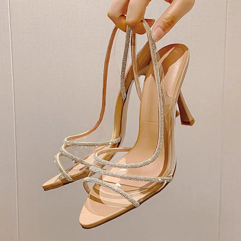 Frauen Sommer Strass Slingback Pumps Büro Dame Transparent Mit Hohen Absätzen Sandalen Elegante Spitz Weibliche Sexy High Heels