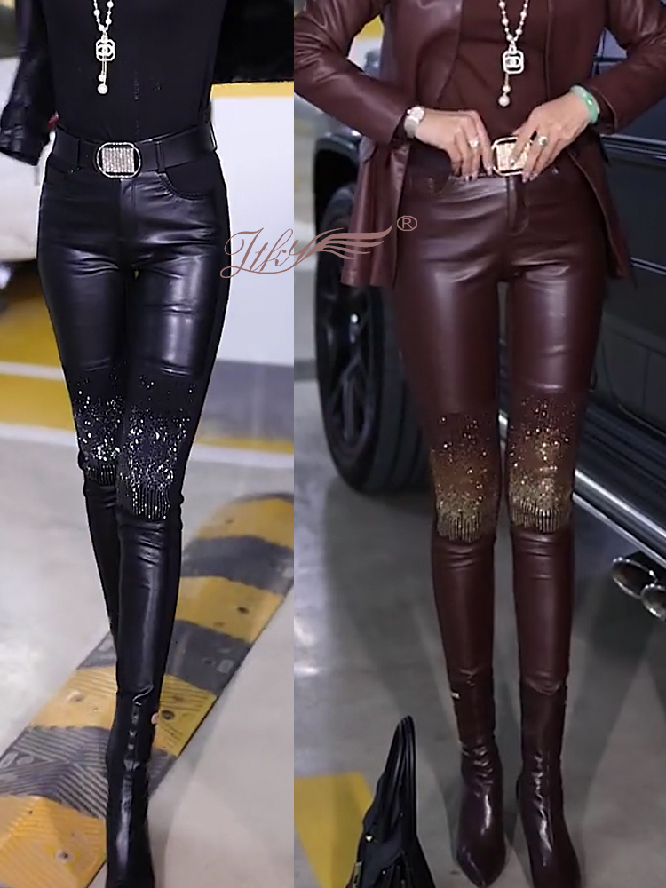 U-Hosen für Damen, solide, mittlere Taille, dehnbar, figurbetont, Bleistift-Kunstlederhose, modische Streetwear, stilvolle Hose für den Winter
