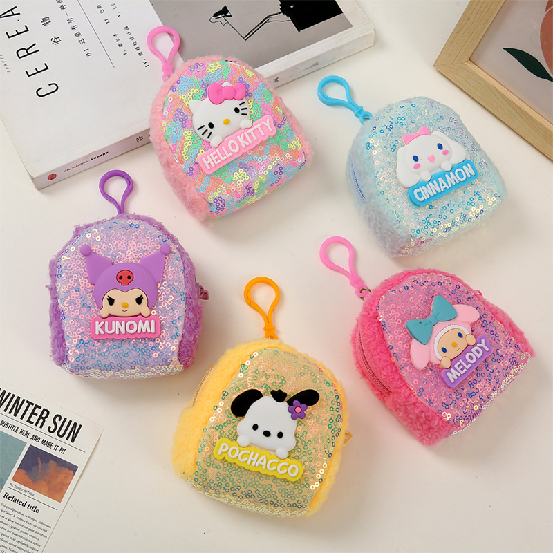 Sanrio hellokitty bolsa de moedas bonito dos desenhos animados kuromi minha melodia colorido lantejoulas bluetooth fone de ouvido saco chaveiro pingente presentes do feriado