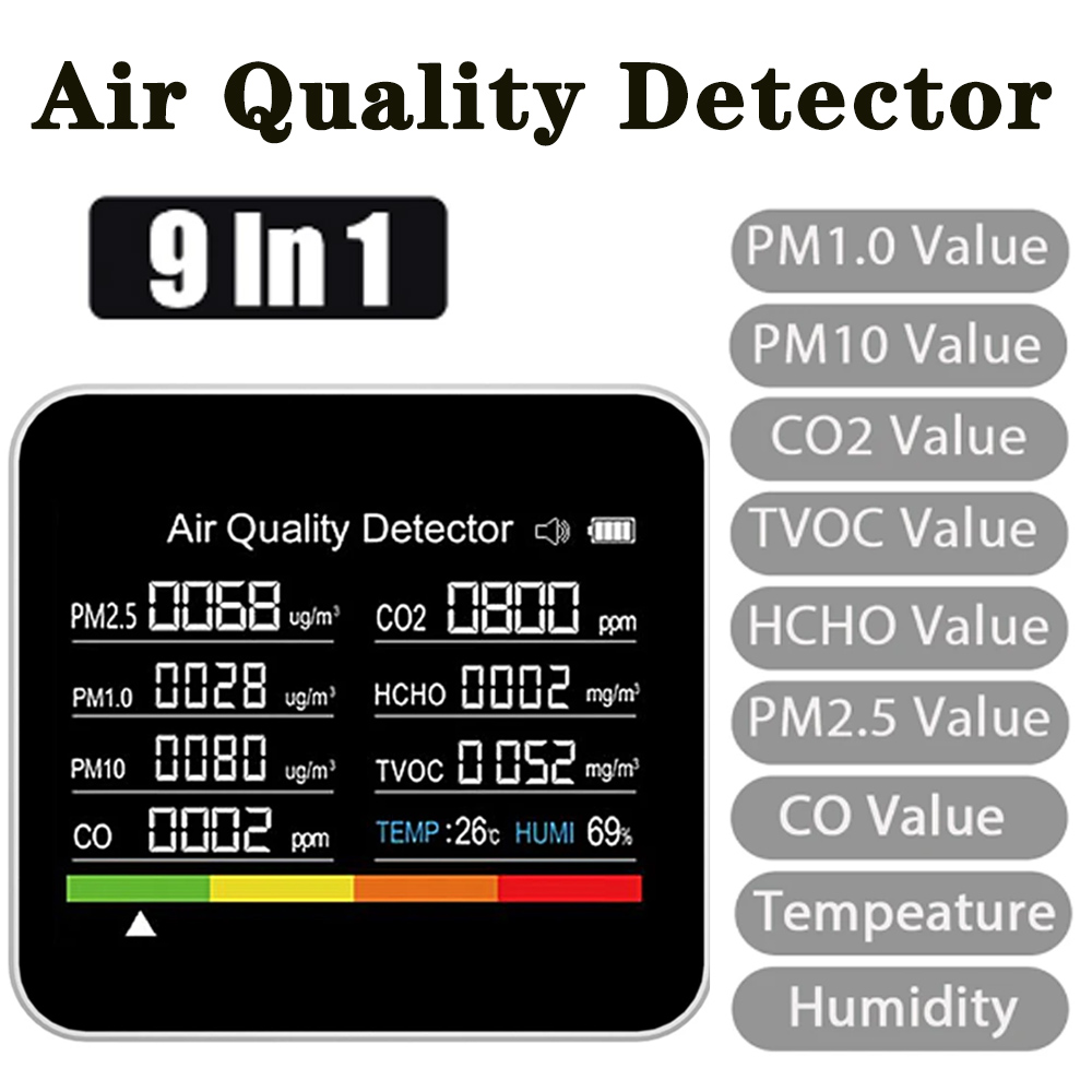 9 In 1 Air Quality Monitor CO2 Meter CO TVOC HCHO PM2.5 PM1.0 PM10 Temperature And Humidity Measurement Carbon Dioxide Detector