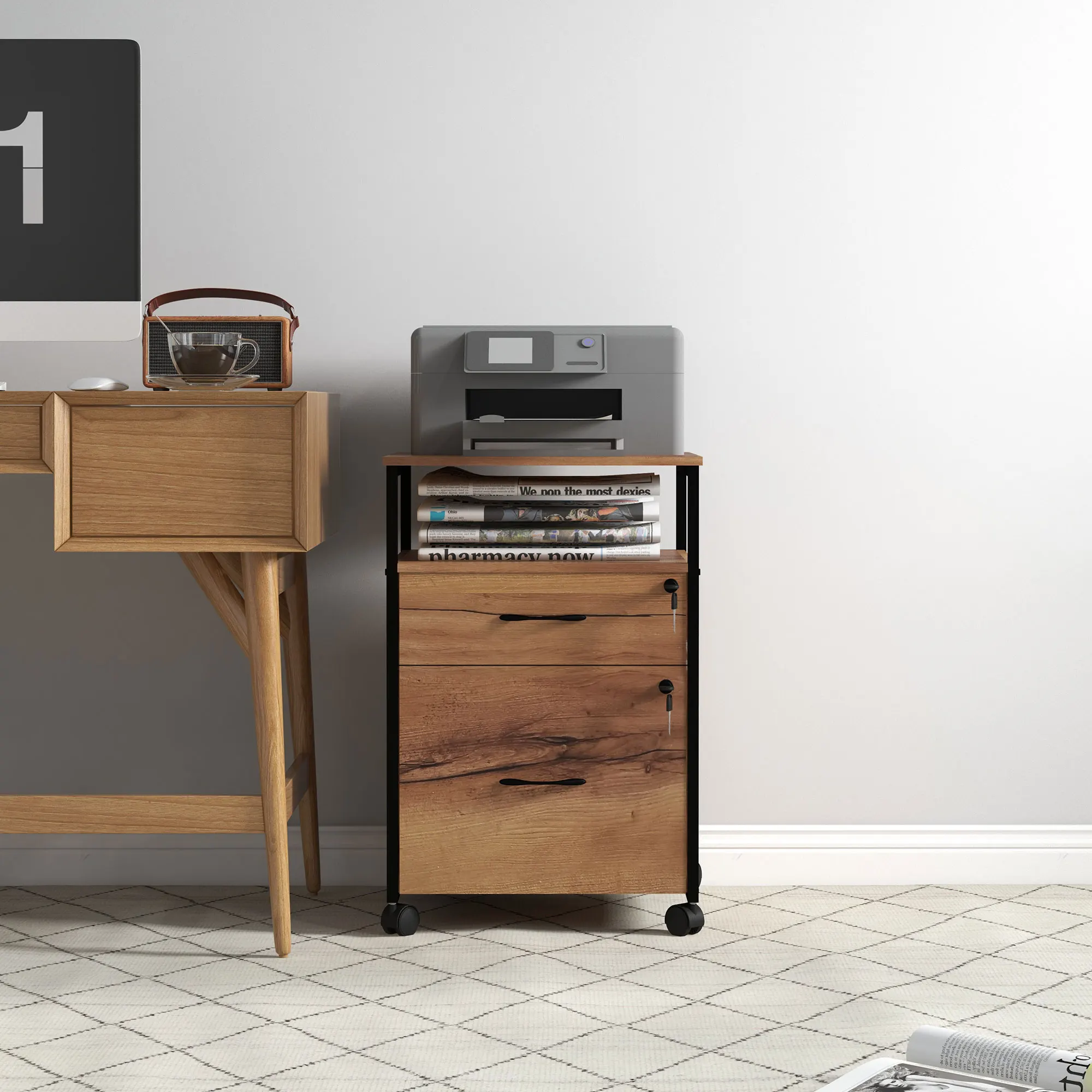 Vinsetto cassettiera per ufficio con serratura a ruote 44x40x66,5 cm marrone rustico