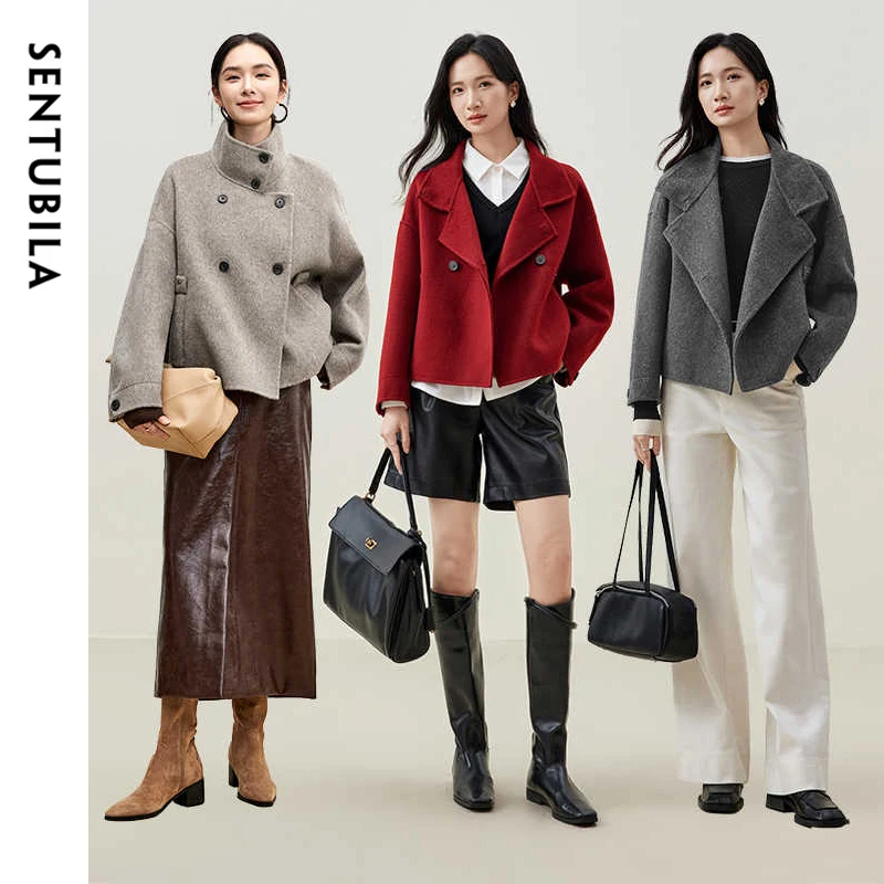 Sentubila casacos de lã 100% para mulheres jaquetas de inverno 2025 suporte gola alta dupla face curto outerwears roupas femininas w44o56626