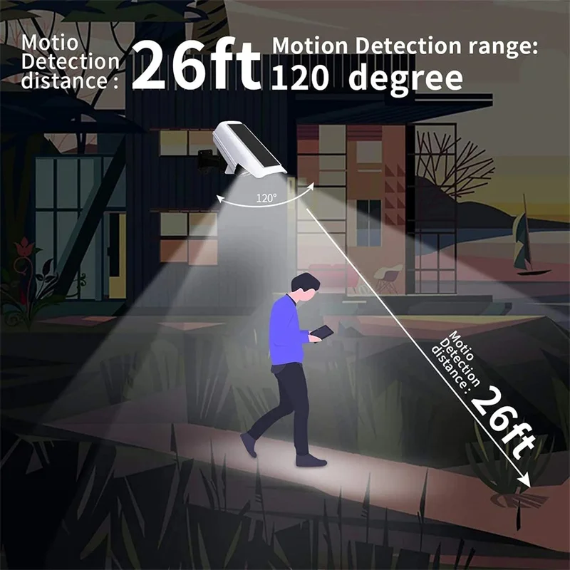 ไฟพลังงานแสงอาทิตย์กลางแจ้งพร้อม Motion Sensor รีโมทคอนโทรล FloodLights Dummy Decoy กล้องรักษาความปลอดภัยปลอมสําหรับ Garden