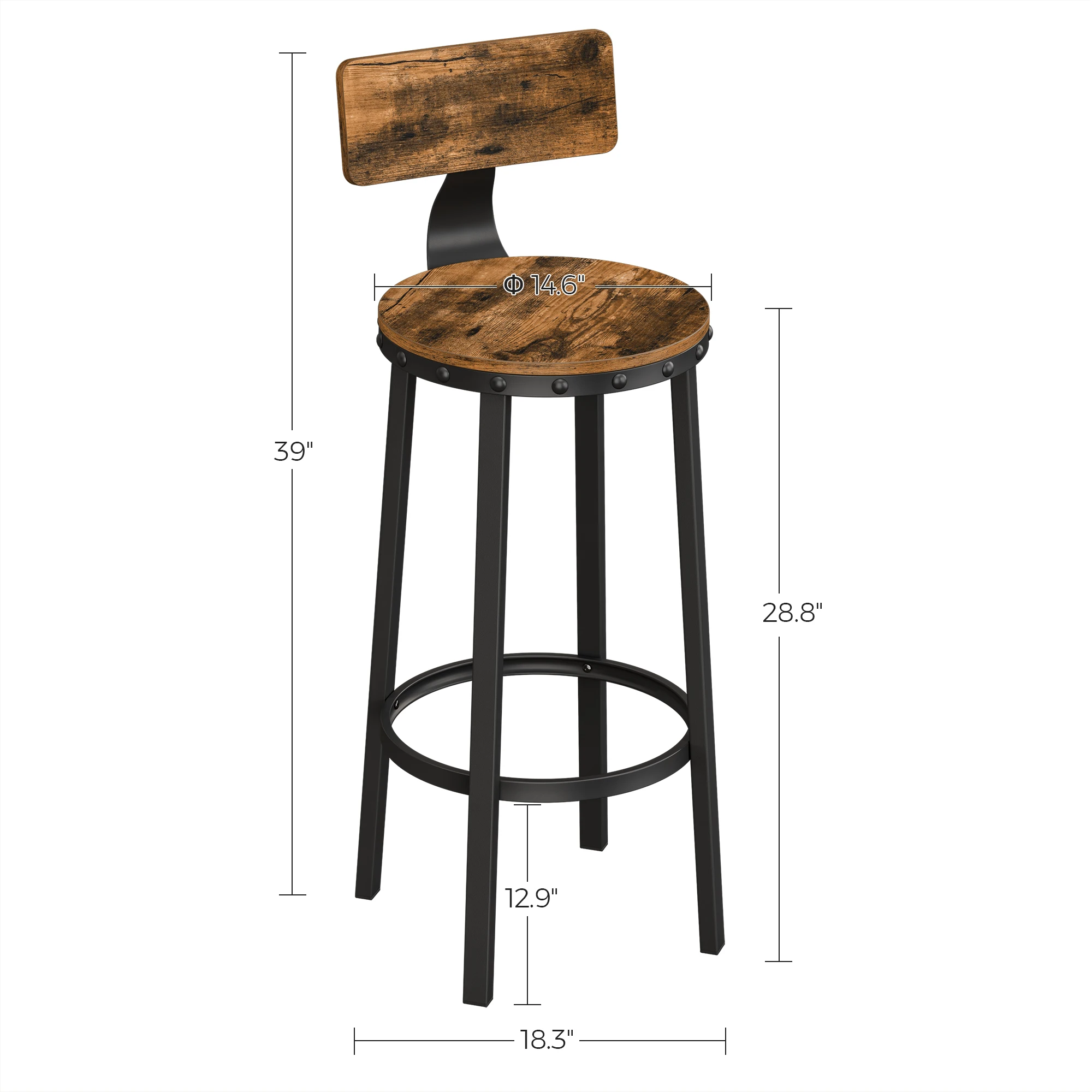 VASAGLE Bar Stools Set of 2, Kitchen Breakfast Bar Chairs, with Backrest, Steel Frame, 73 cm Tall Seat, Easy Assembly