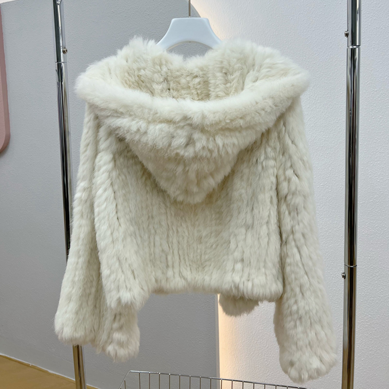 Casaco de pele de coelho real com capuz manga longa feminino casual solto de malha jaqueta de pele genuína com capuz feminino pele natural outwear
