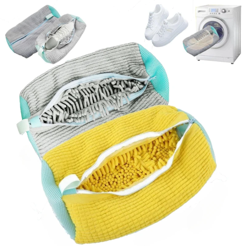 Bolsa para lavar zapatos, cierre de cremalleras, bolsa de limpieza de zapatos, red acolchada, lavandería, fibras esponjosas, zapatillas, lavadora, bolsas de lavandería