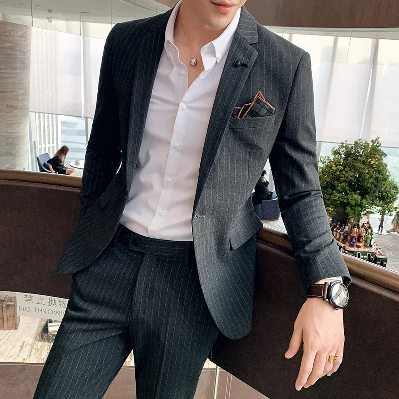 (Chaqueta + Pantalones) traje Formal de negocios a cuadros de marca de alta gama para hombre, vestido de boda para novio, esmoquin puesta en escena de Color sólido, S-7XL
