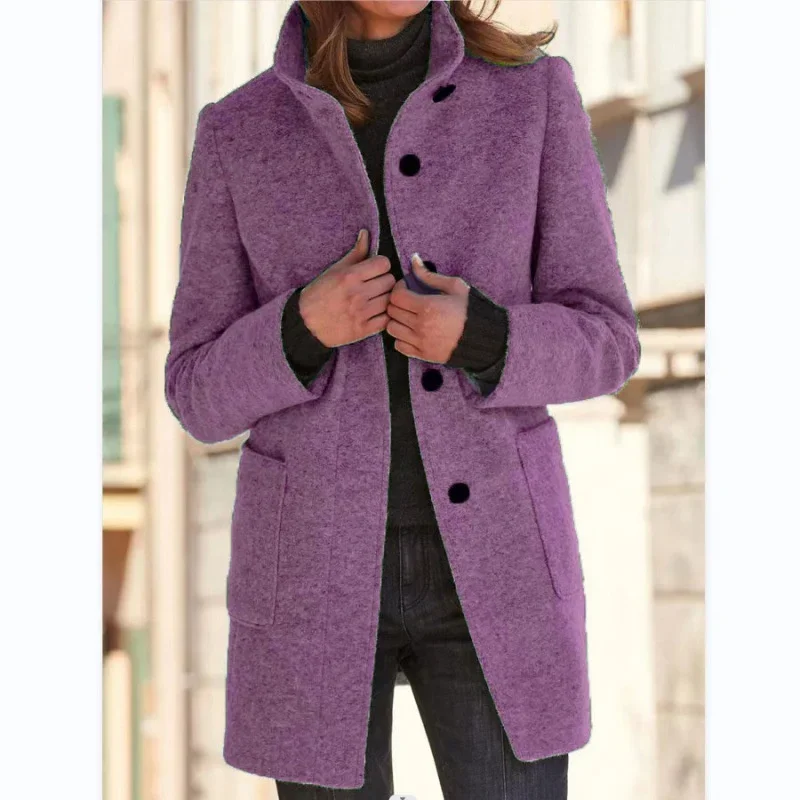 Women Vintage Solid Color Stand-up Collar Tweed Jacket Autumn Winter Warm Commuter Outerwear Single-breasted Cardigan Long Coat