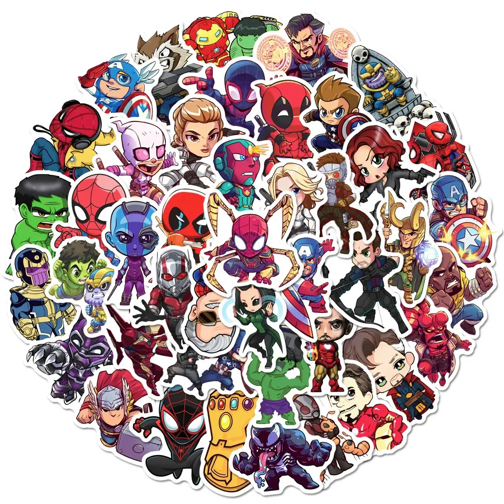 50/100/200 Uds. Marvel lindo Anime Los Vengadores pegatinas superhéroe portátil monopatín motocicleta pegatina impermeable juguetes para niños