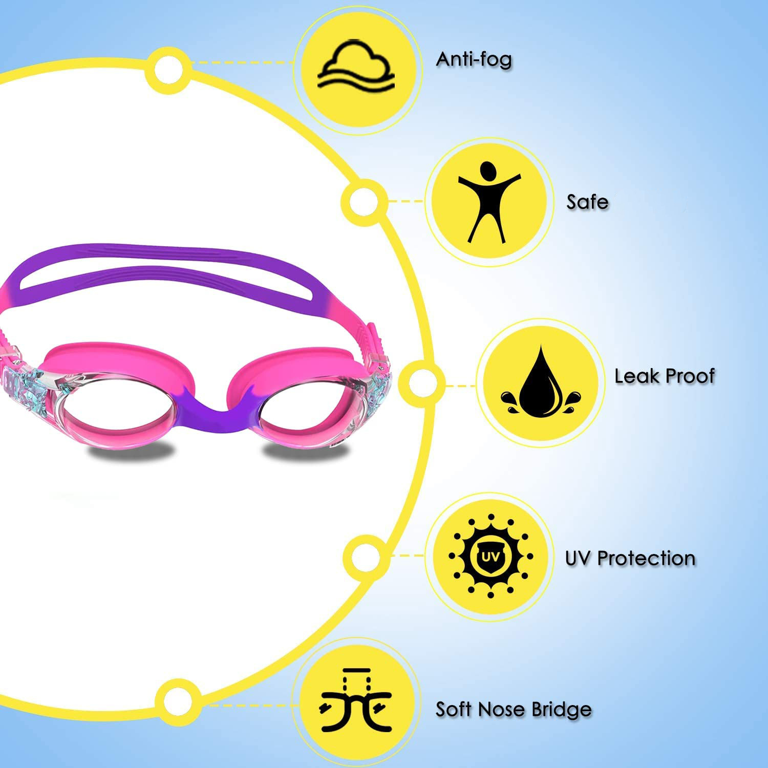 แว่นตาว่ายน้ําสําหรับเด็กอายุ 3-14 ปี Anti-FOG ป้องกันรังสียูวี 100% CLEAR Vision ไม่รั่ว Quick ปรับสายรัด