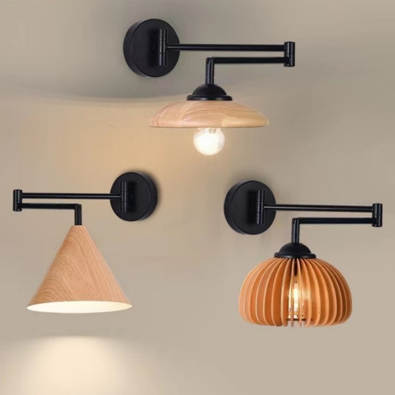 Lámpara de pared de cabecera de madera Original para dormitorio, brazo basculante ajustable, lámpara de cabecera de Hotel