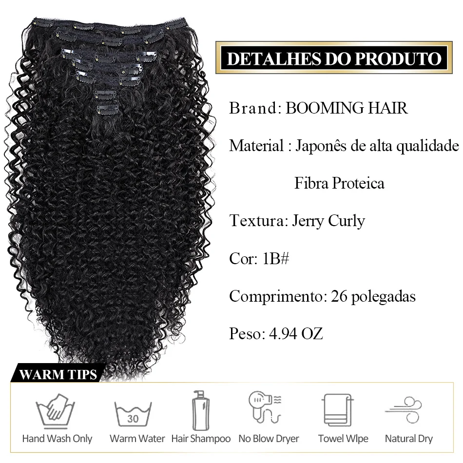 Grampo encaracolado sintético em extensões de cabelo natural extensões de cabelo clipe em 7 pçs cabeça cheia clipe orgânico em extensões