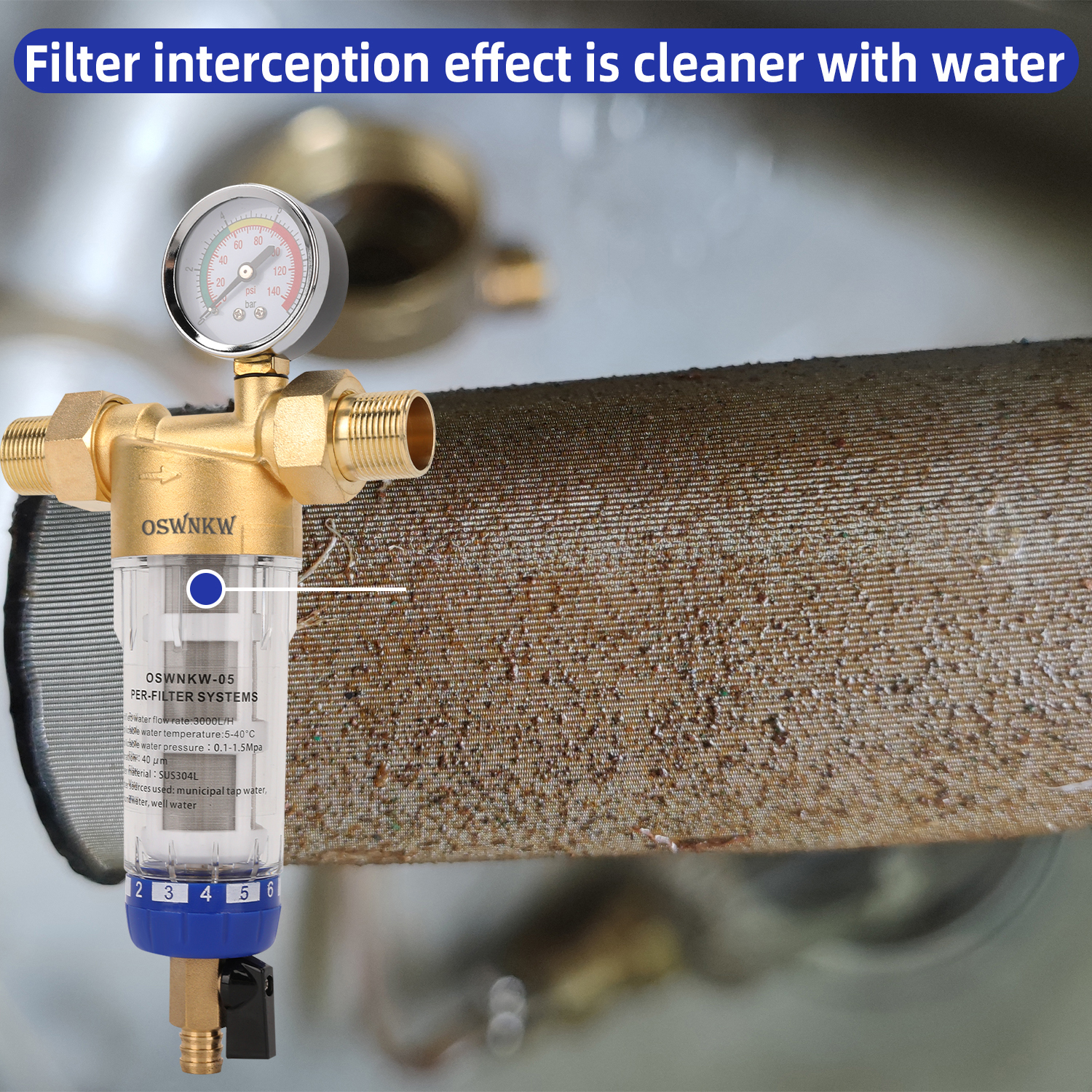 Purificador de prefiltro de OSWNKW-05 para toda la casa, filtro de agua de sedimentos giratorio, sistema de prefiltro Central, retrolavado, malla de acero inoxidable