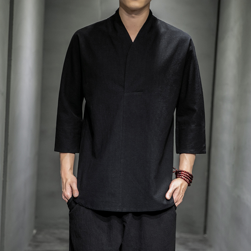 Hemden Männer Solide Pullover V-ausschnitt Drei Viertel Herren Kimono Shirts Traditionelle Streetwear Bluse Chinesischen Stil Leinen Shirts Mann