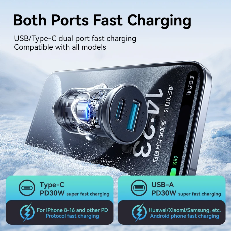 Joyroom 30W mini-autolader PD QC3.0 USB Type-C snel opladen autolader dubbele poorten telefoonoplader voor iPhone Samsung Galaxy