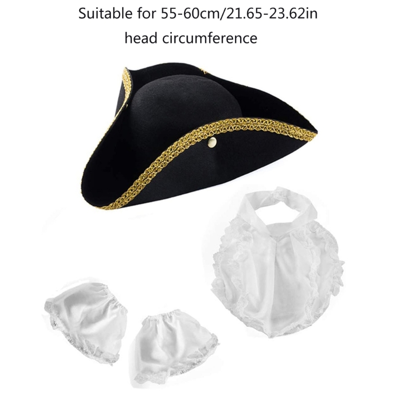 95AB Sombrero Pirata Negro Sombrero Tricornio Colonial con Adorno Dorado Puños Blancos Conjunto Delantal Disfraz
