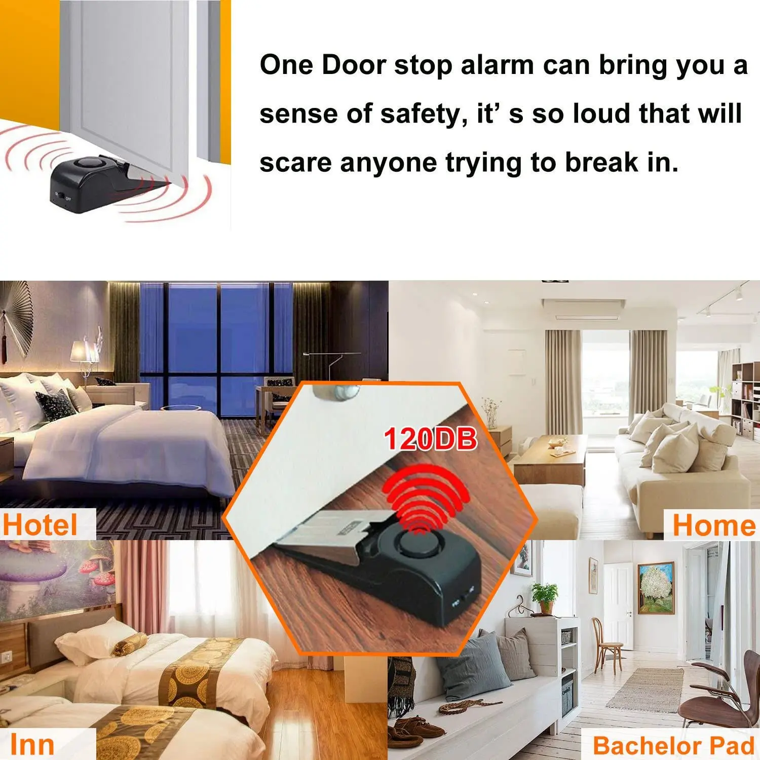 Allarme fermaporta aggiornato Fermaporta portatile di sicurezza con cuneo da 120 dB Sensibilità regolabile per viaggi in dormitorio domestico