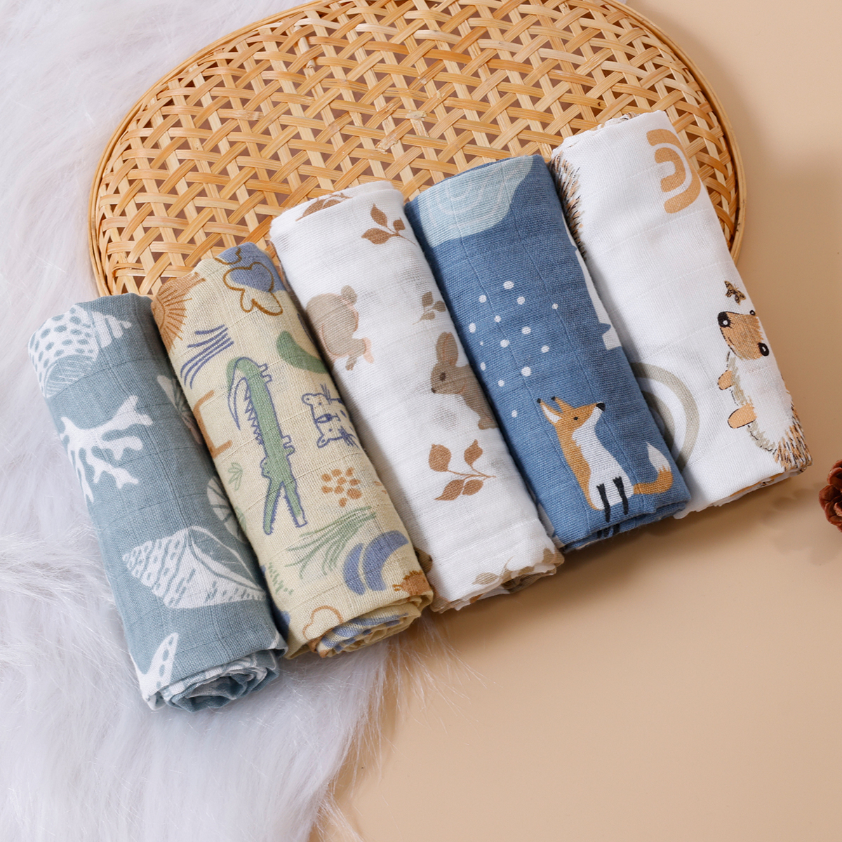 HappyFlute nuevo estampado 5 unids/set 60*60CM muselina suave Swaddle alimentación eructo paño recién nacido puro algodón bebé cara y toallita para lavar a mano